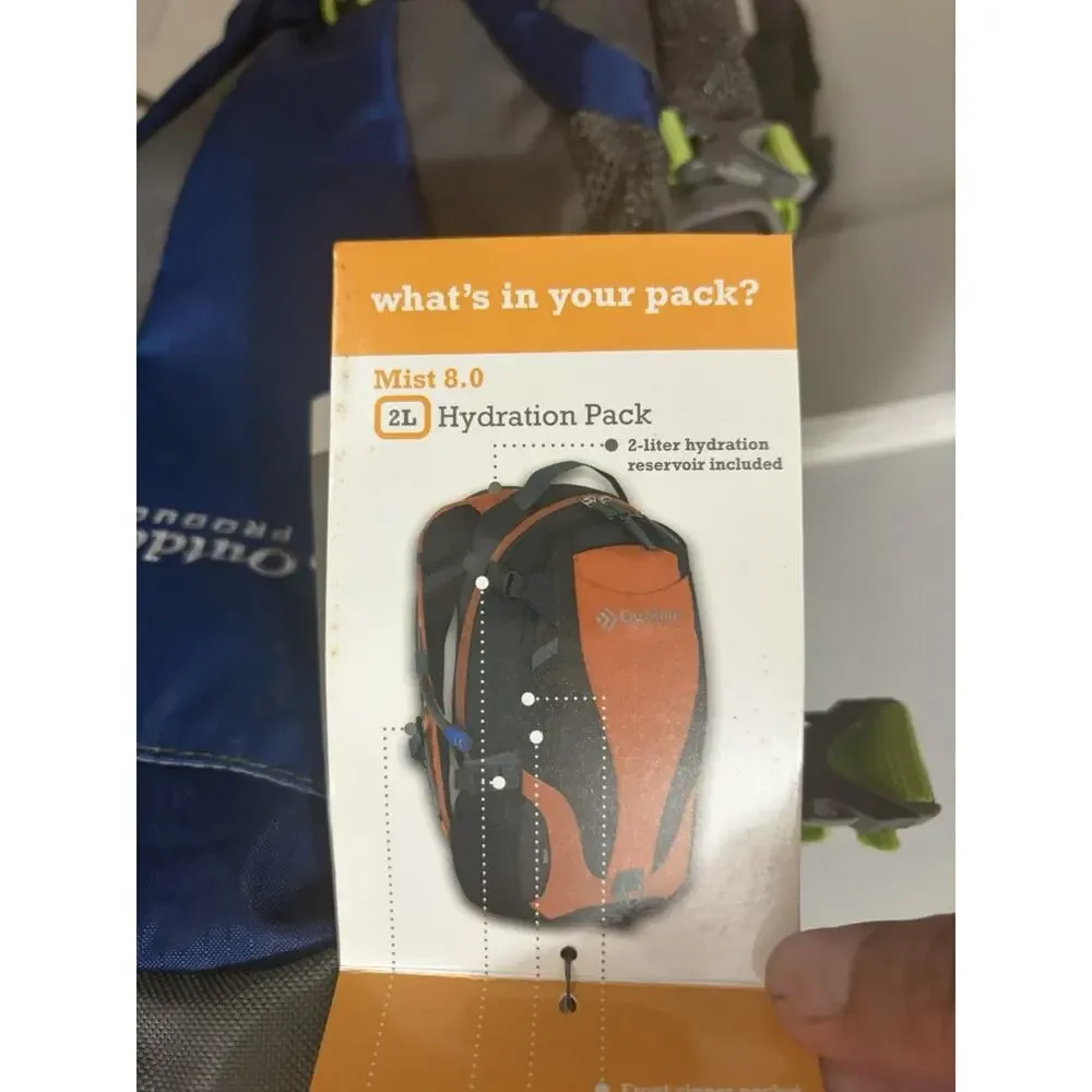 NWT OUTDOOR PRODUCTS MIST 8.0 HYDRATION BACKPACK BAG GRAY BLUE 2L HIKING CAMPING